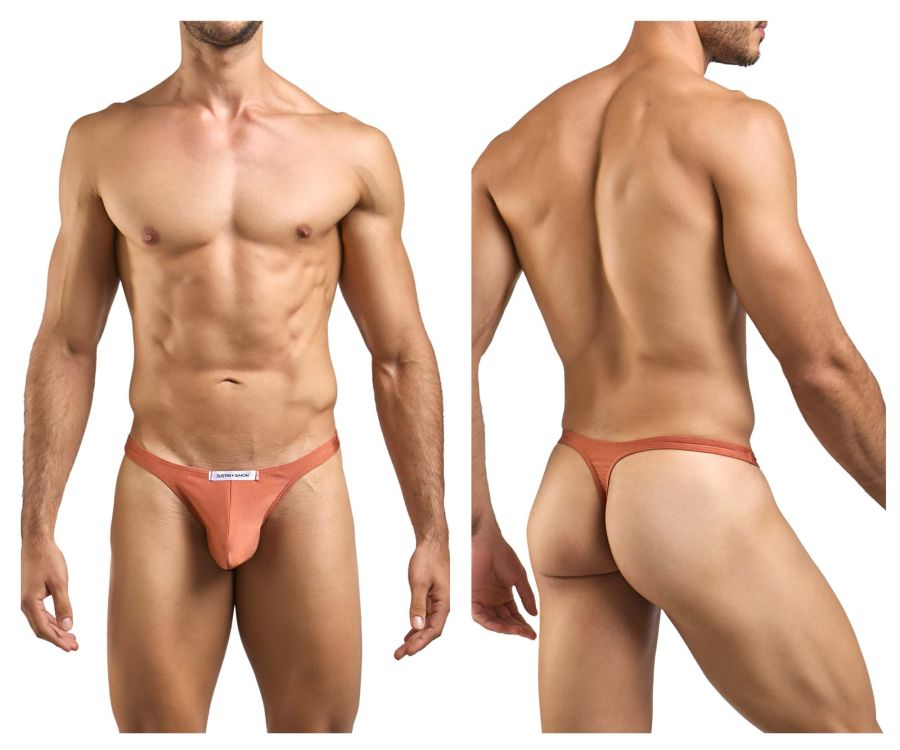 A sleek peach ochre thong from JUSTIN SIMON XSJ03 made of smooth fabric with a minimalist design and white label