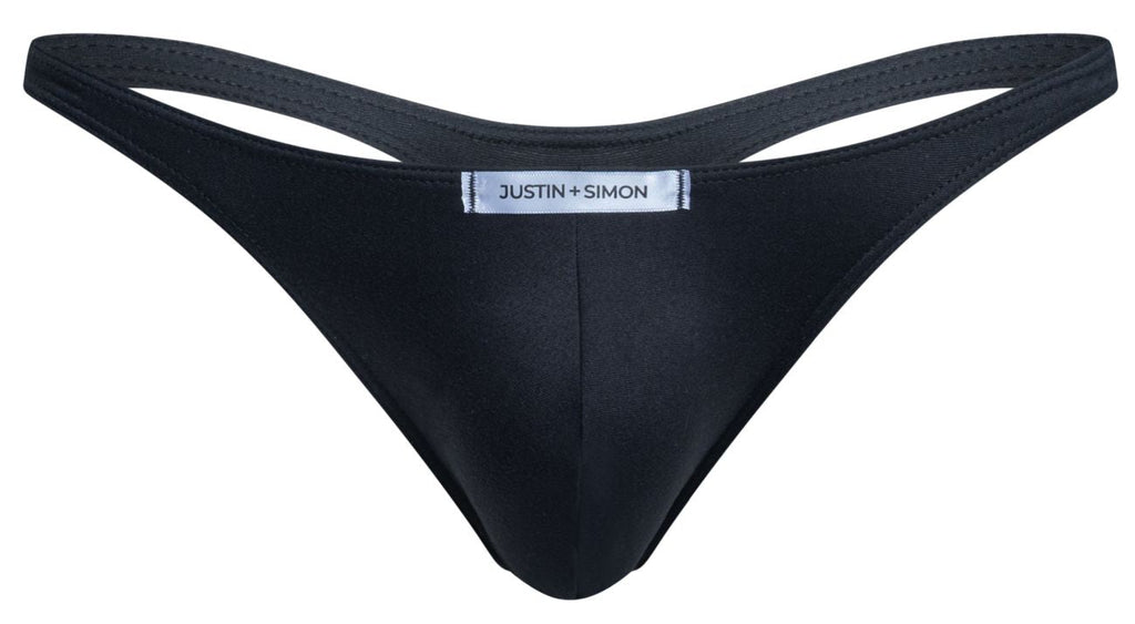 Black justin simon thong in sleek smooth fabric with minimalist design from the justin simon xsj03 classic collection