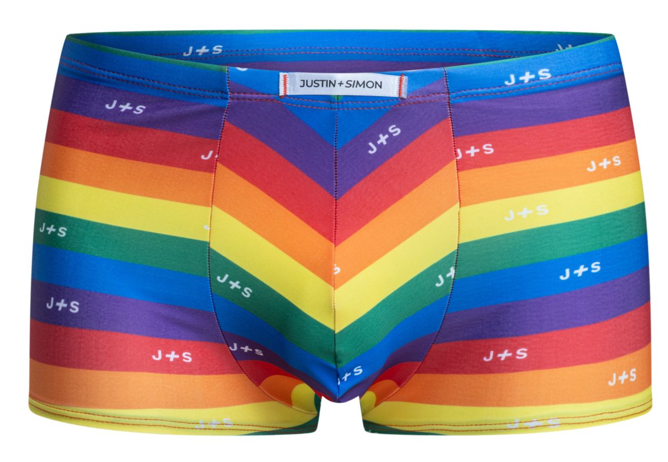 Justin simon classic boxer briefs with rainbow striped chevron pattern and repeating j plus s logo in pride flag colors