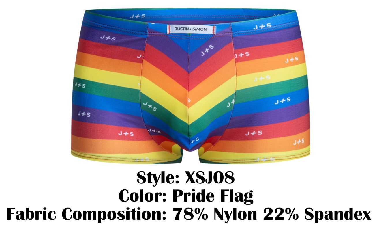 Justin simon xsj08 classic boxer rainbow striped men’s briefs with pride flag colors and j+s logo across fabric