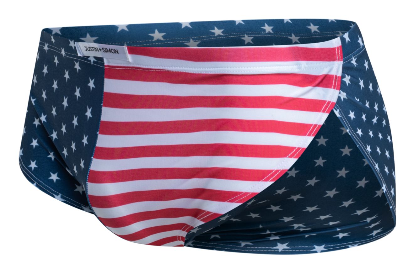 Justin simon xsj09 running shorts with blue and red striped swim trunks featuring white stars usa flag design