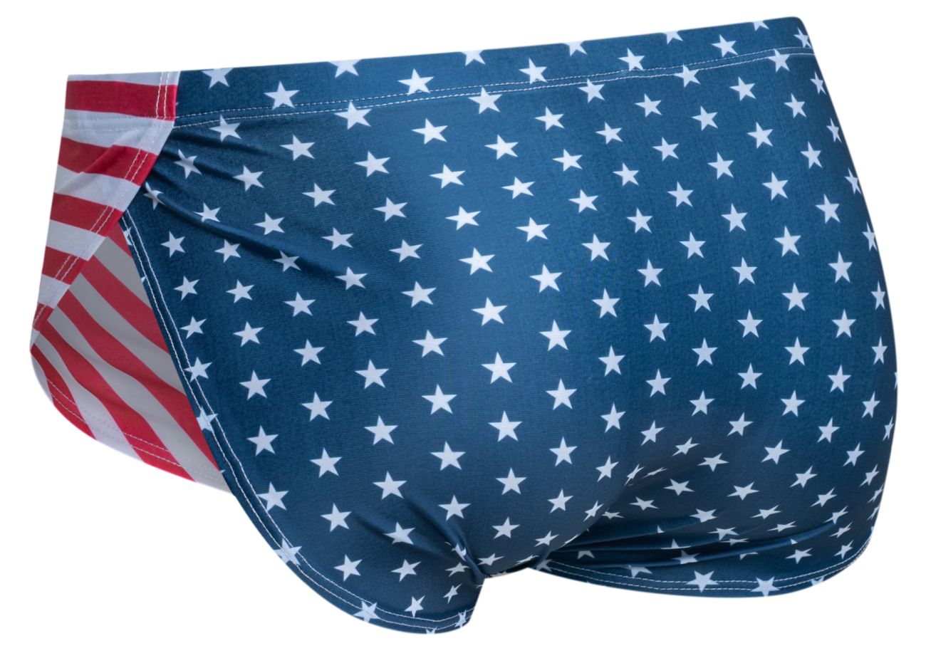 Justin simon xsj09 running shorts in usa flag colors featuring blue swim trunks with white stars and red white striped side panel