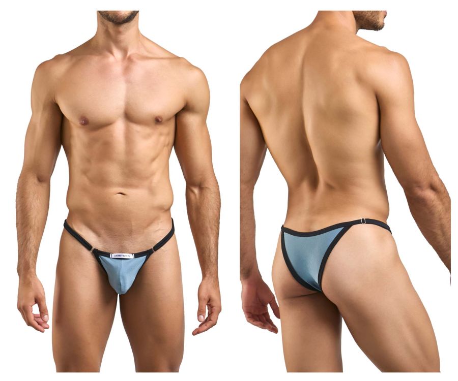 Light blue and black thong bikini with sleek minimalist design from justin simon xsj12 color metal green collection