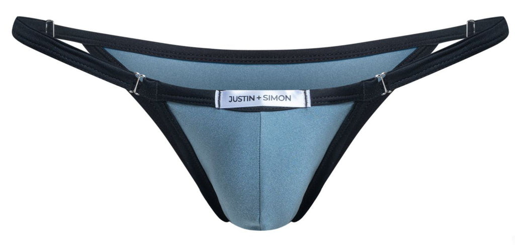 Blue and black justin simon thong with sleek contoured design in metal green bikini color front view