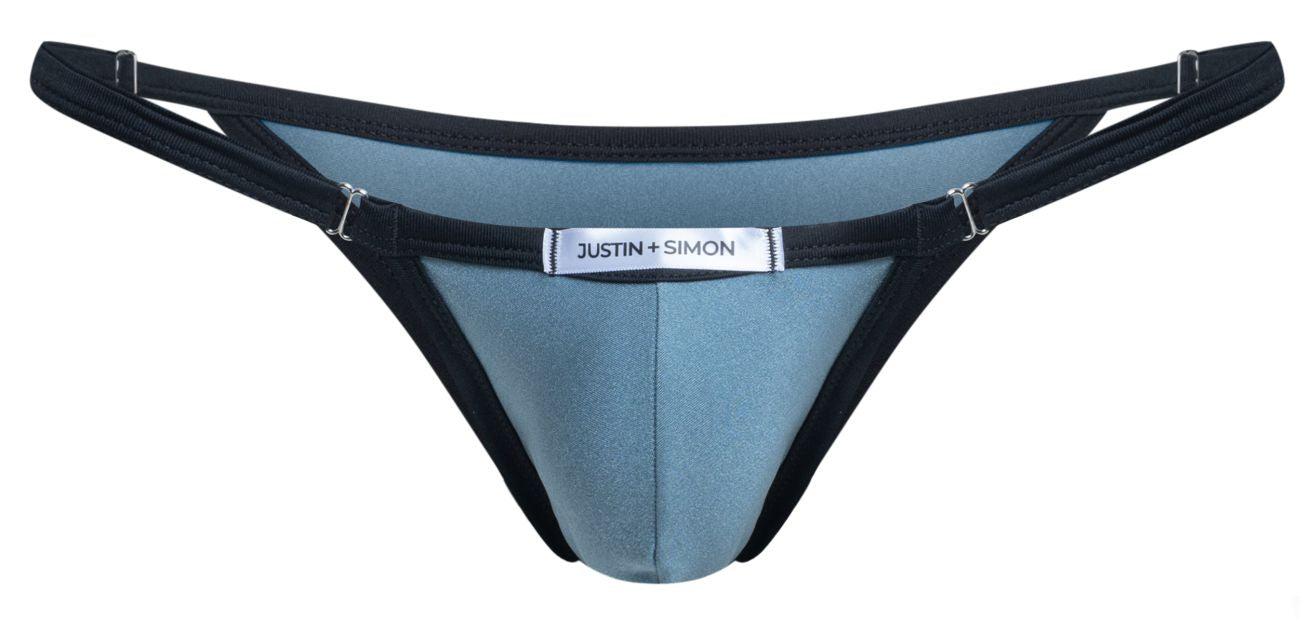 Blue and black justin simon thong with sleek contoured design in metal green bikini color front view