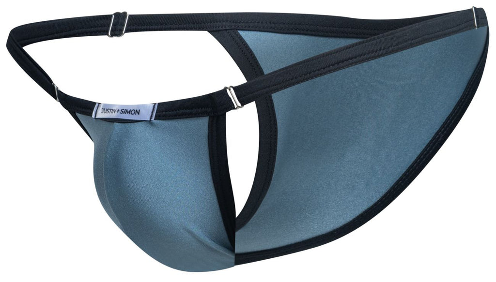 Justin+Simon XSJ12 bikini slate blue satin thong with black trim and silver metal clasps in green color metal design