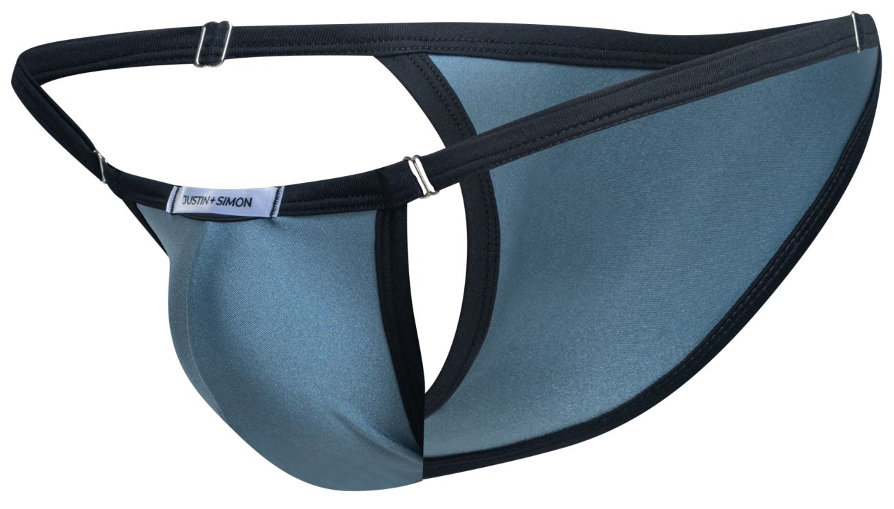 Justin+Simon XSJ12 bikini slate blue satin thong with black trim and silver metal clasps in green color metal design