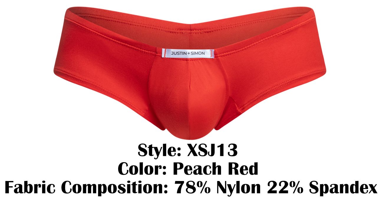 Peach red justin simon men’s briefs in stretchy nylon and spandex blend with cheeky bulge boxer style
