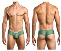 Green form-fitting justin simon xsj22 cheek briefs made of smooth stretchy fabric with white label at waistband