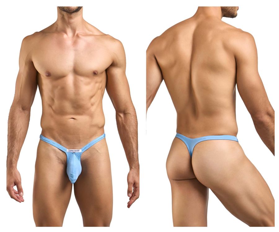 Light blue justin simon xsjbu02 bulge thong with central pouch narrow waistband and form-fitting design