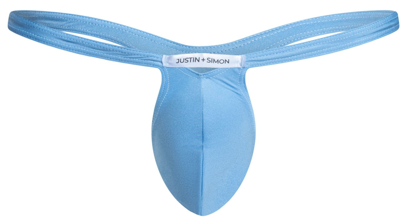 Light blue justin simon men’s thong made of smooth stretchy fabric with a sleek minimalist design front view