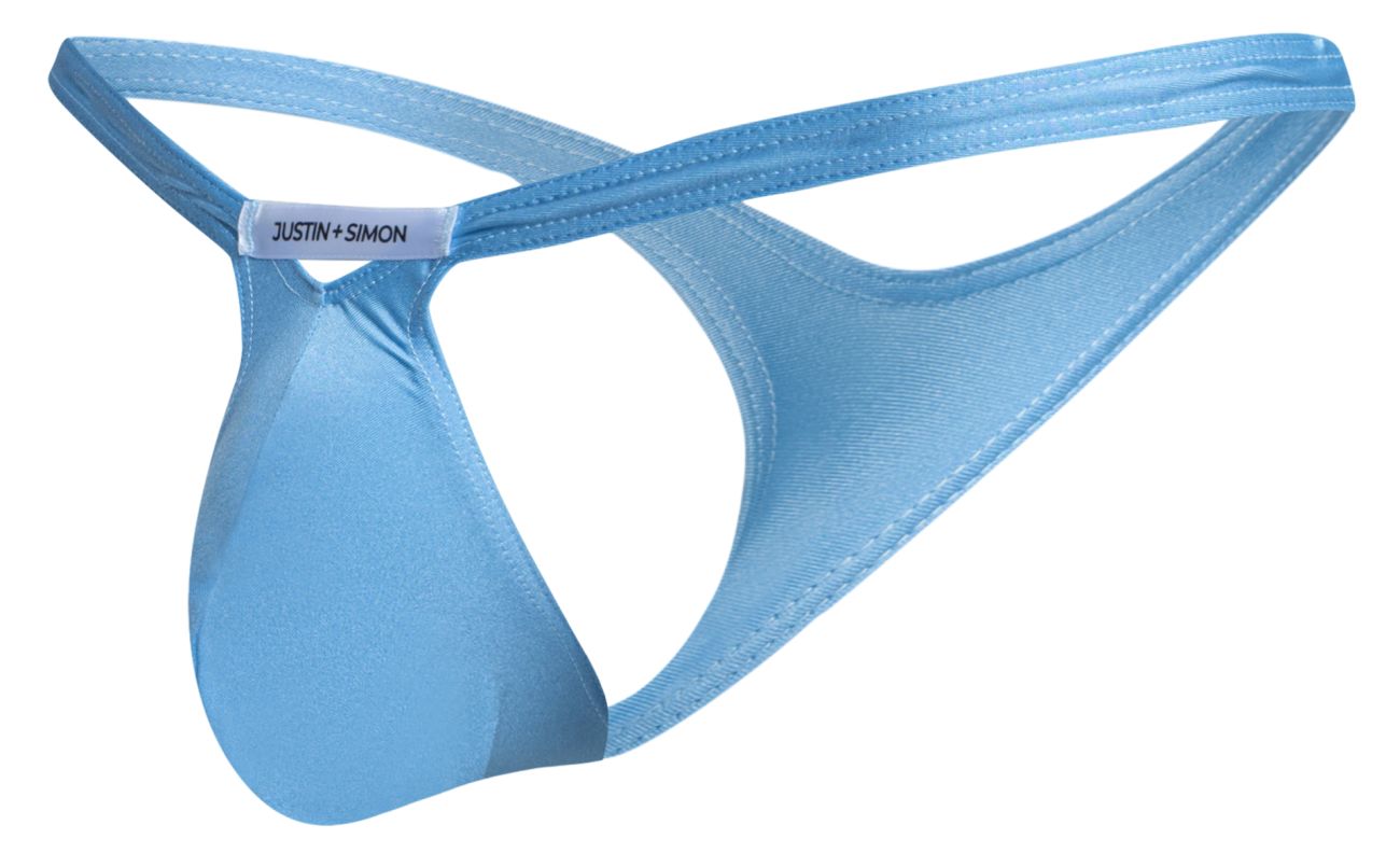 Light blue satin-like fabric thong with subtle sheen stitched detailing and justin simon label on strap in baby blue