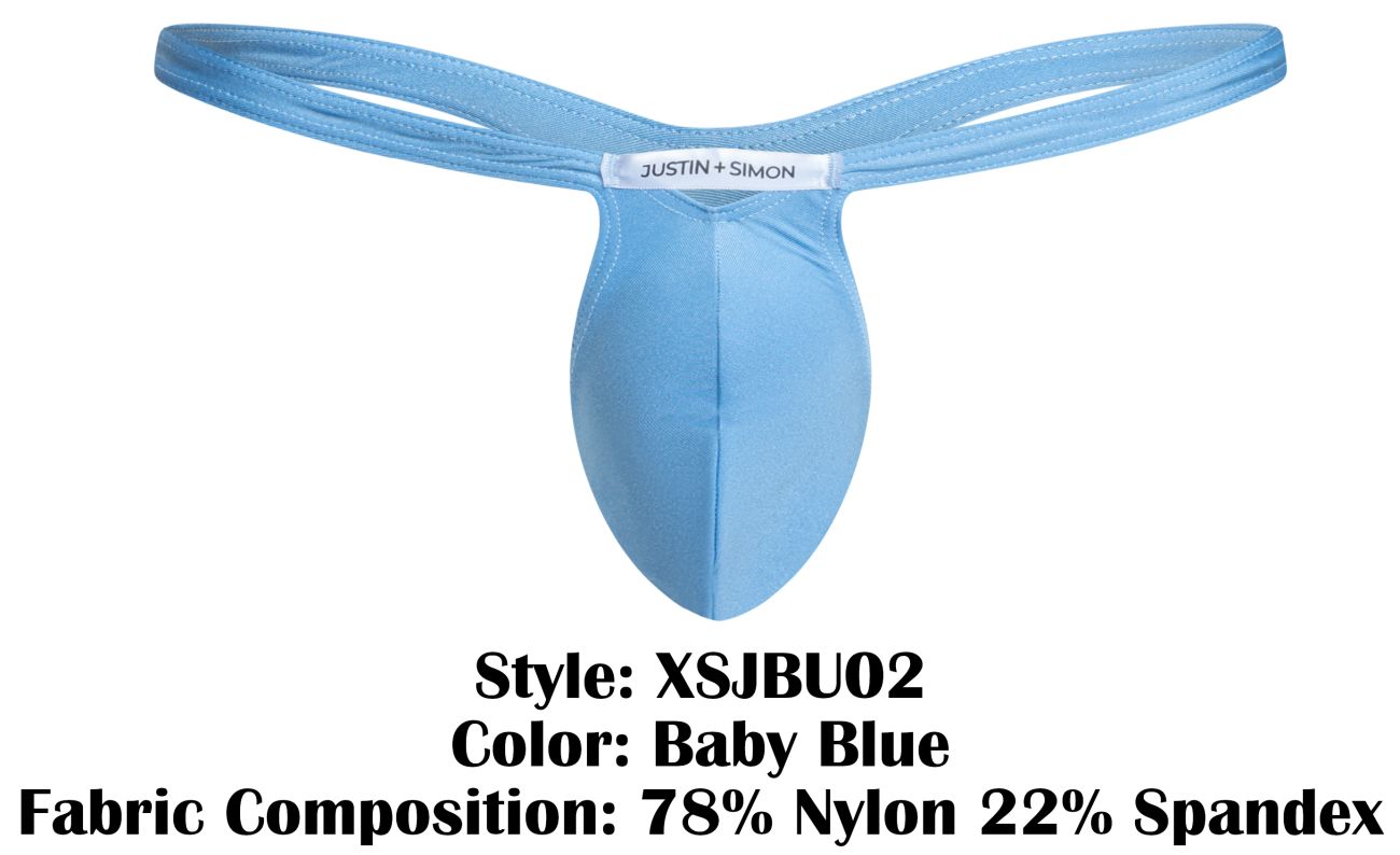 Baby blue justin simon bulge thong made of stretchy nylon and spandex blend shown from the back side