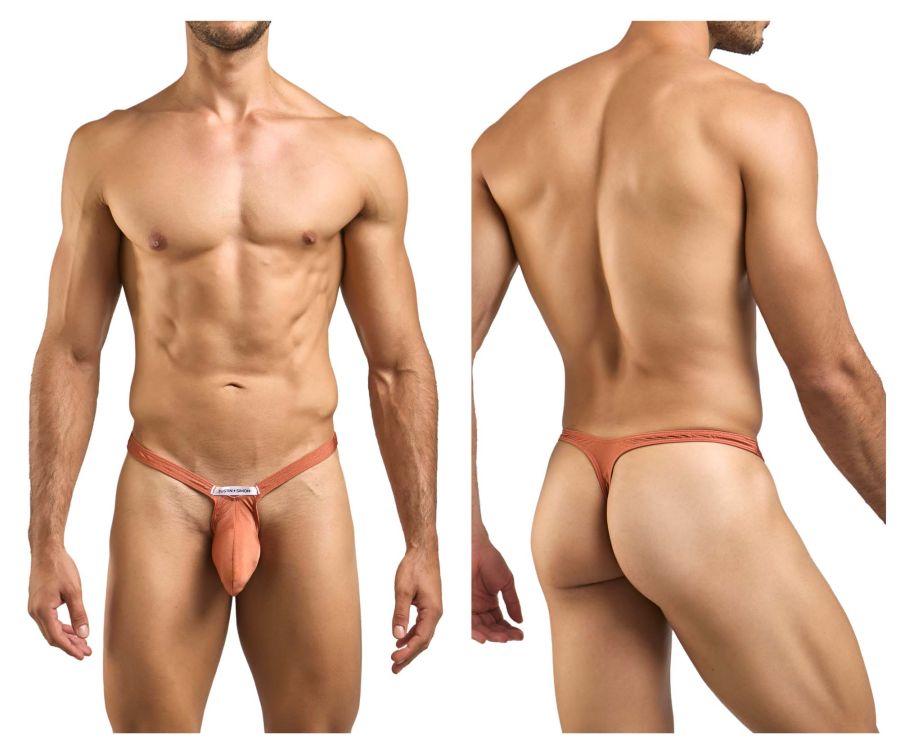 Justin+Simon xsjbu02 bulge thong in ochre peach color with supportive pouch and small white front label