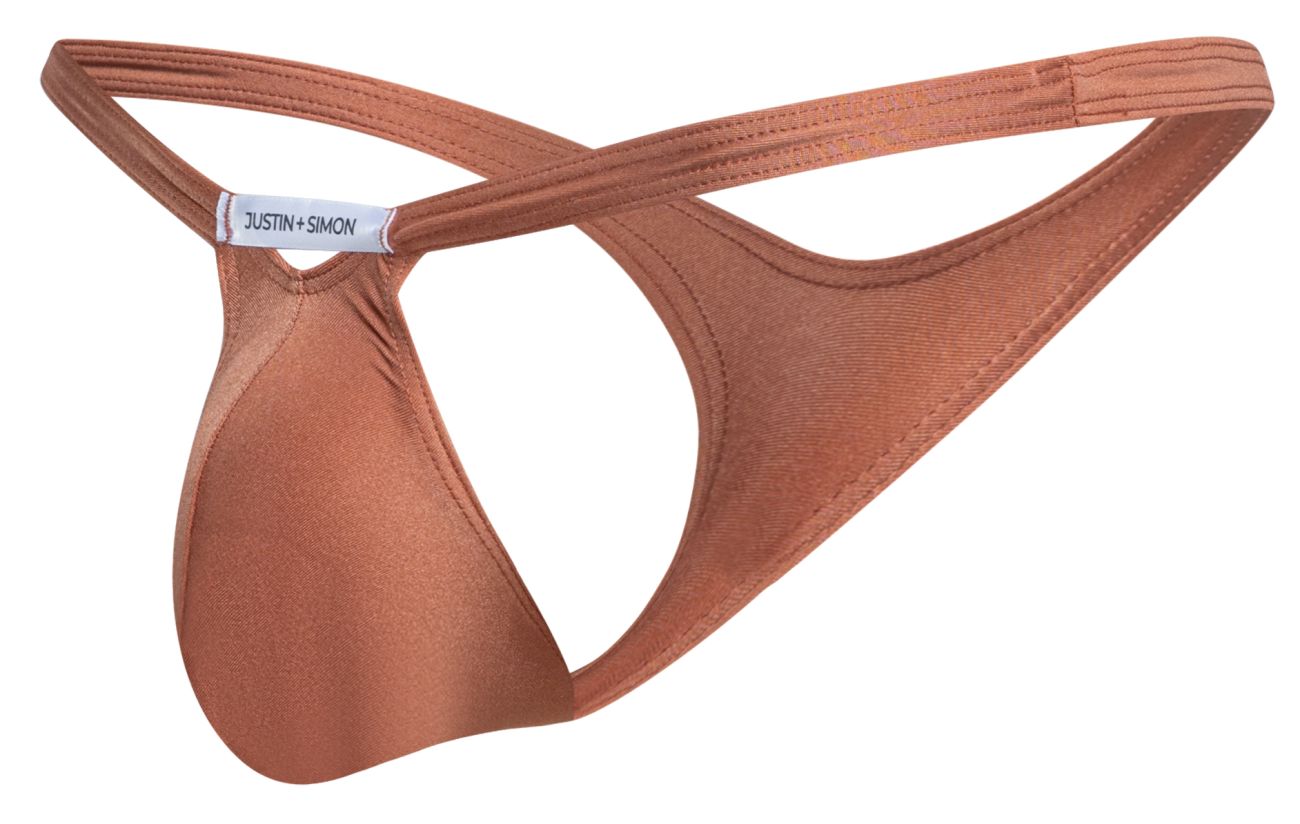 A sleek copper-toned justin simon thong in ochre satin with minimalist design and crossed back straps shown from the back