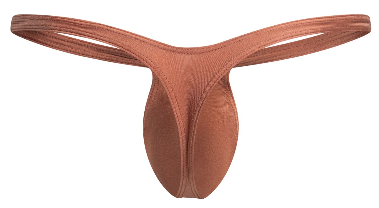 Tan-colored seamless thong made of stretchy fabric with smooth form-fitting design from Justin+Simon in ochre color