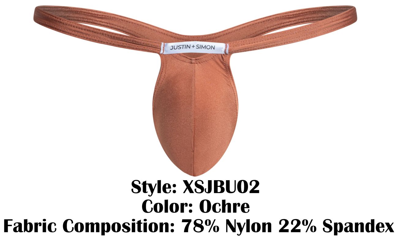 Ochre-colored justin simon bulge thong made of nylon and spandex blend, shown from the back side