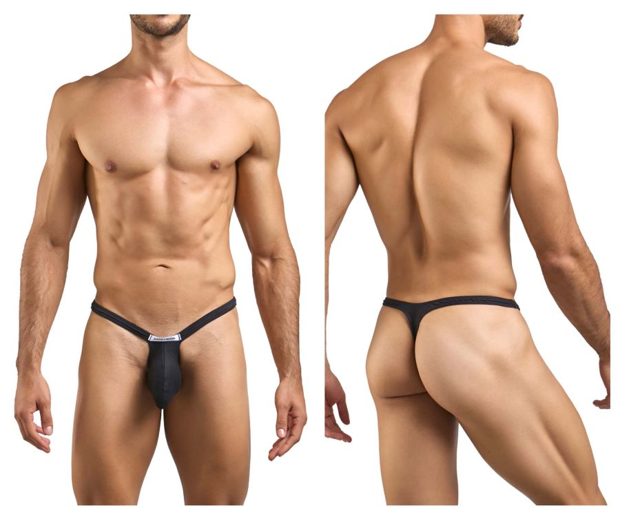 Black thong from justin simon xsjbu02 bulge thongs with narrow waistband and small rectangular logo on front
