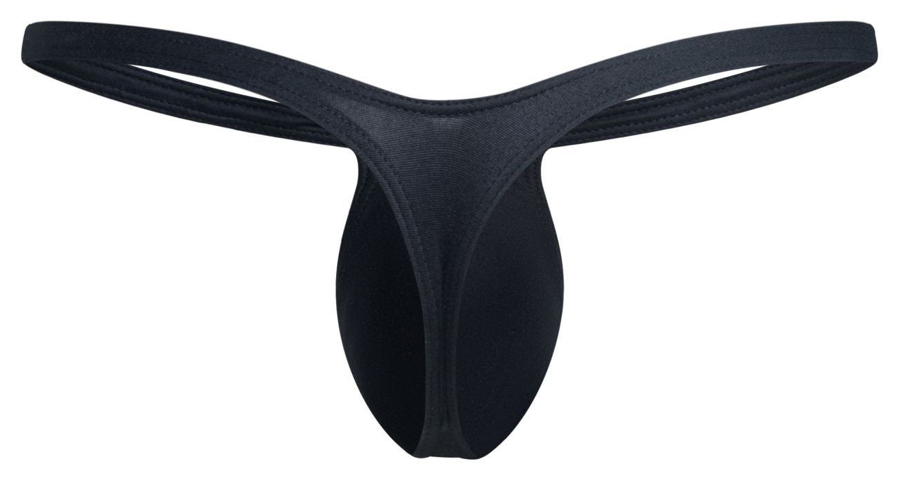 Black seamless thong made of stretchy fabric with a smooth minimalist design from JUSTIN SIMON XSJBU02 Bulge Thongs