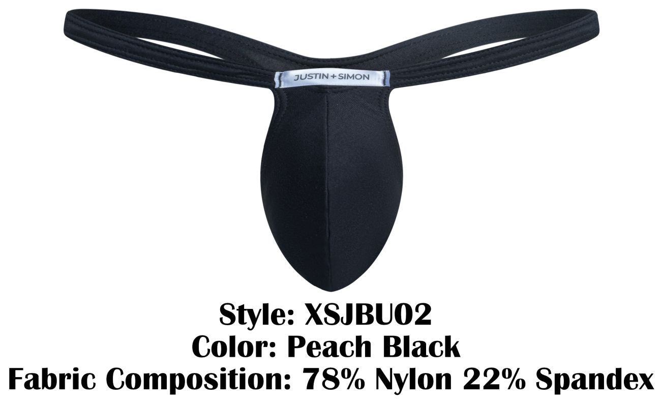 Justin Simon xsjbu02 bulge thong in black and peach with sleek form-fitting design and elastic waistband shown from back