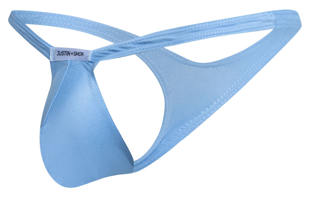 Light blue justin simon men’s thong with smooth stretchy fabric and crossed back straps shown from the back side