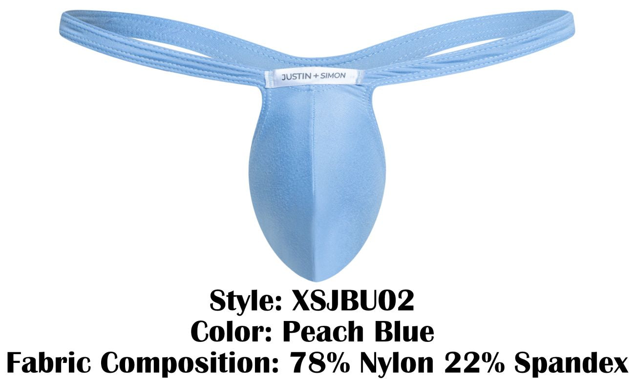 Justin simon xsjbu02 bulge thong in peach blue with sleek contoured design made from soft nylon spandex blend