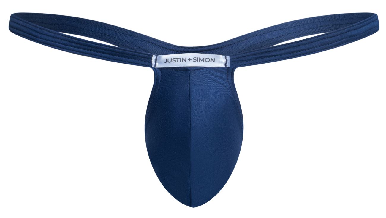 Navy blue justin simon thong with smooth form-fitting fabric and sleek contoured design from justin simon xsjbu02 bulge thongs