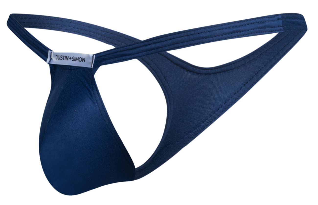 Navy blue justin plus simon bulge thong with smooth stretchy fabric and crossed back straps shown from the back side