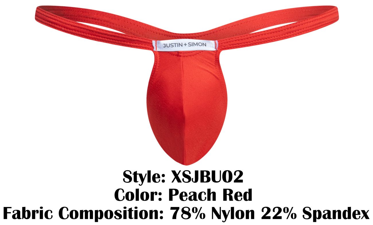 Peach red nylon and spandex bulge thong by Justin Simon showing front view in XSJBU02 model