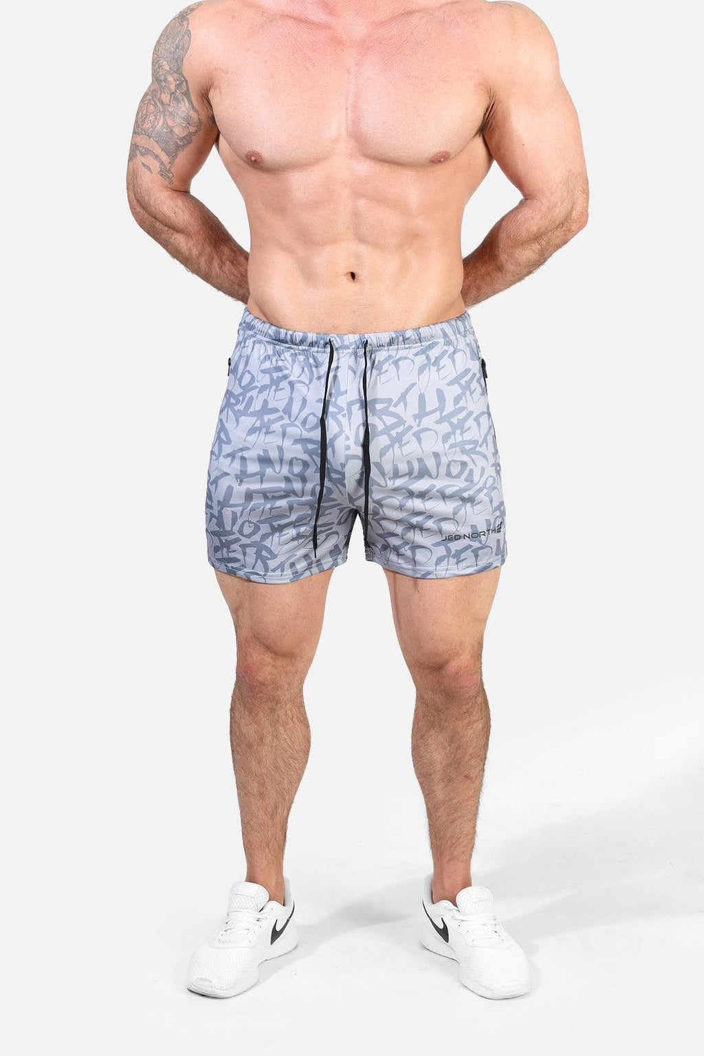 Jed North Agile Bodybuilding 4'' Shorts w Zipper Pockets - Gray Graffiti - DealByEthan.gay loves Jed North