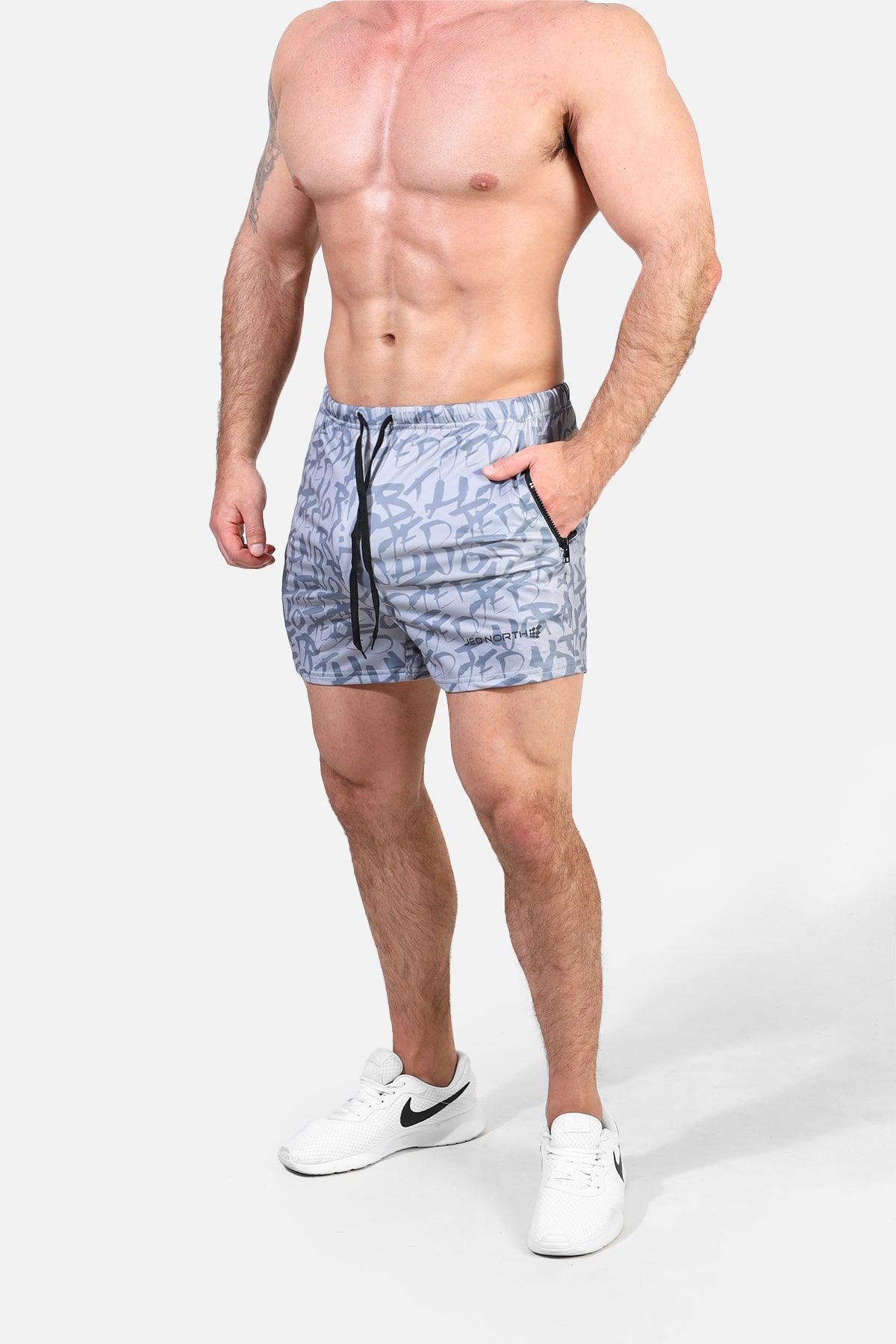 Jed North Agile Bodybuilding 4'' Shorts w Zipper Pockets - Gray Graffiti - DealByEthan.gay loves Jed North