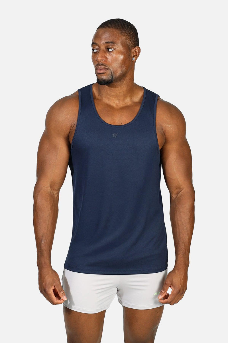 Navy blue sleeveless jed north alpha microfiber fast-dry gym tank top designed for athletic performance and comfort