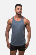 Jed North fast-dry bodybuilding workout stringer tank top in gray with a subtle chest logo and athletic fit
