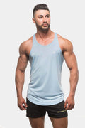 Light blue sleeveless jed north fast-dry bodybuilding workout stringer with subtle chest logo for athletic use