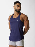 Navy blue Jed North fast dry bodybuilding workout racerback tank top shown from the back side