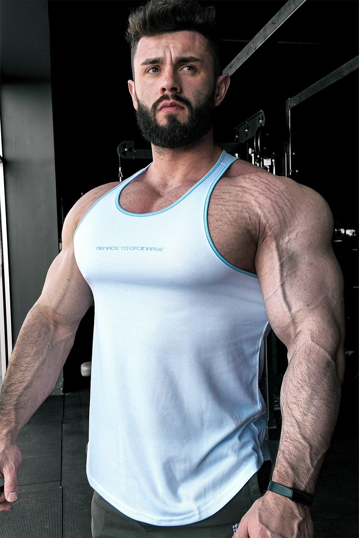 Jed North Fast-Dry Bodybuilding Workout Stringer - White with Blue - DealByEthan.gay loves Jed North