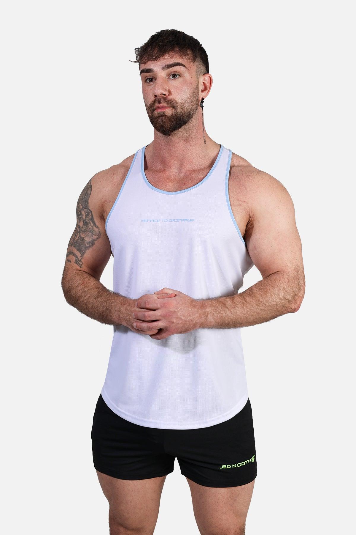 Jed North Fast-Dry Bodybuilding Workout Stringer - White with Blue - DealByEthan.gay loves Jed North