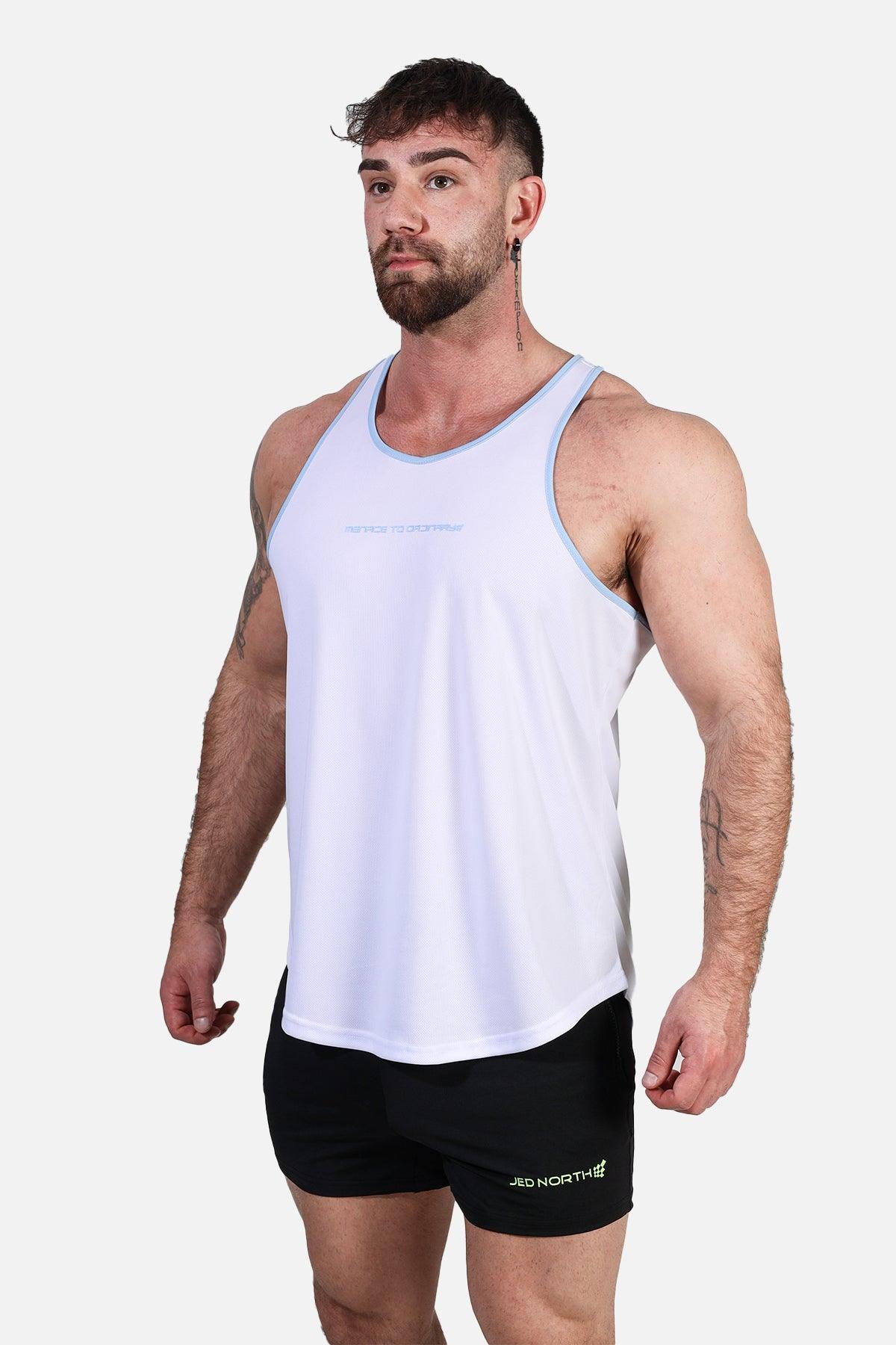 Jed North Fast-Dry Bodybuilding Workout Stringer - White with Blue - DealByEthan.gay loves Jed North