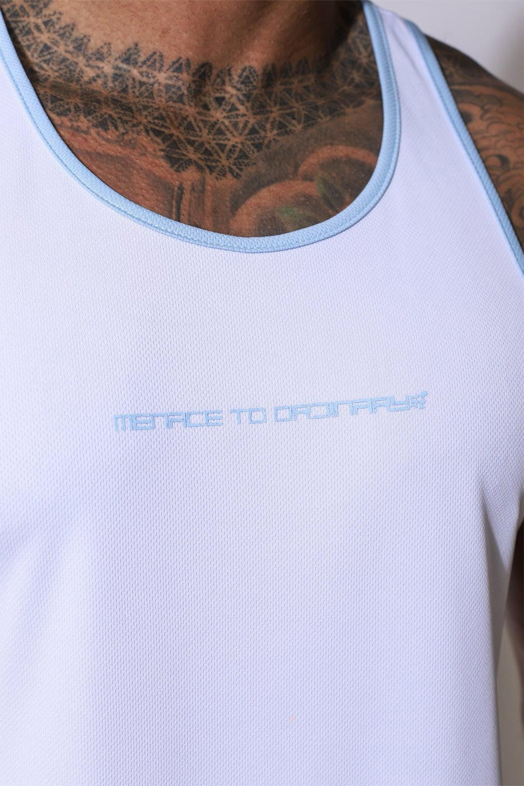 Jed North Fast-Dry Bodybuilding Workout Stringer - White with Blue - DealByEthan.gay loves Jed North