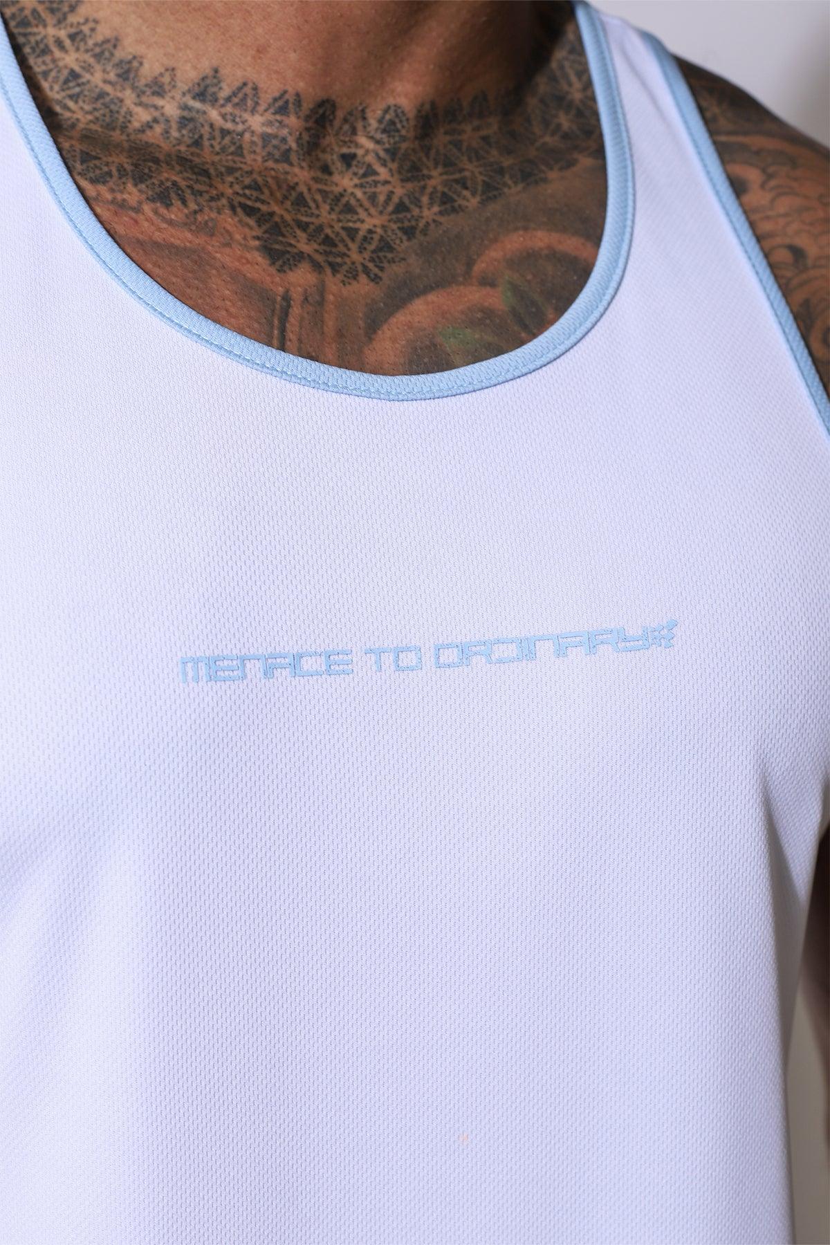 Jed North Fast-Dry Bodybuilding Workout Stringer - White with Blue - DealByEthan.gay loves Jed North
