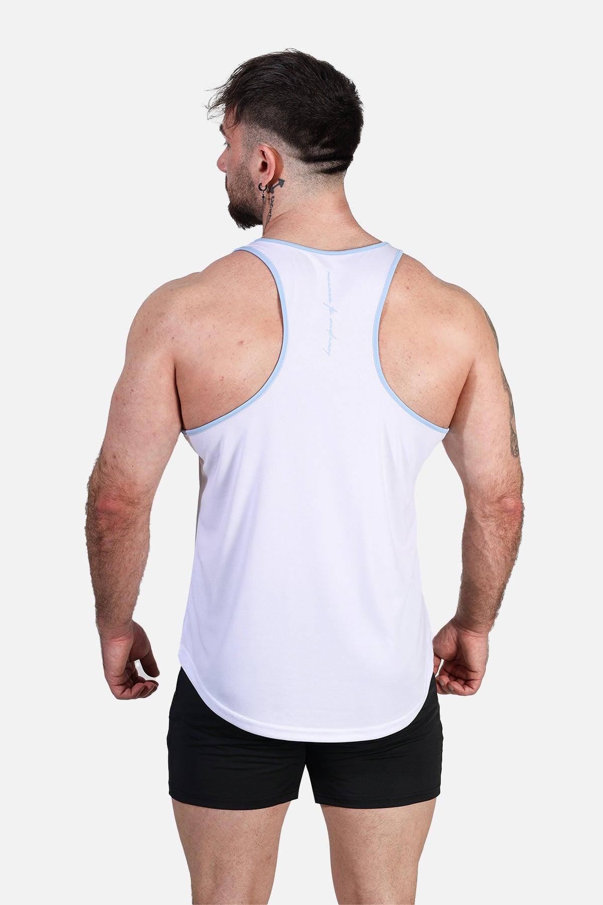 Jed North Fast-Dry Bodybuilding Workout Stringer - White with Blue - DealByEthan.gay loves Jed North