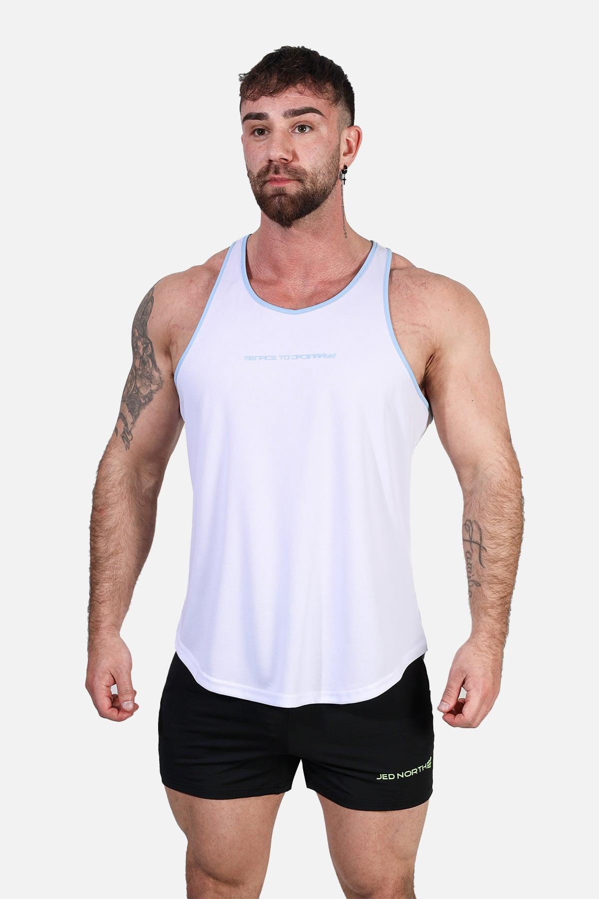 Jed North Fast-Dry Bodybuilding Workout Stringer - White with Blue - DealByEthan.gay loves Jed North