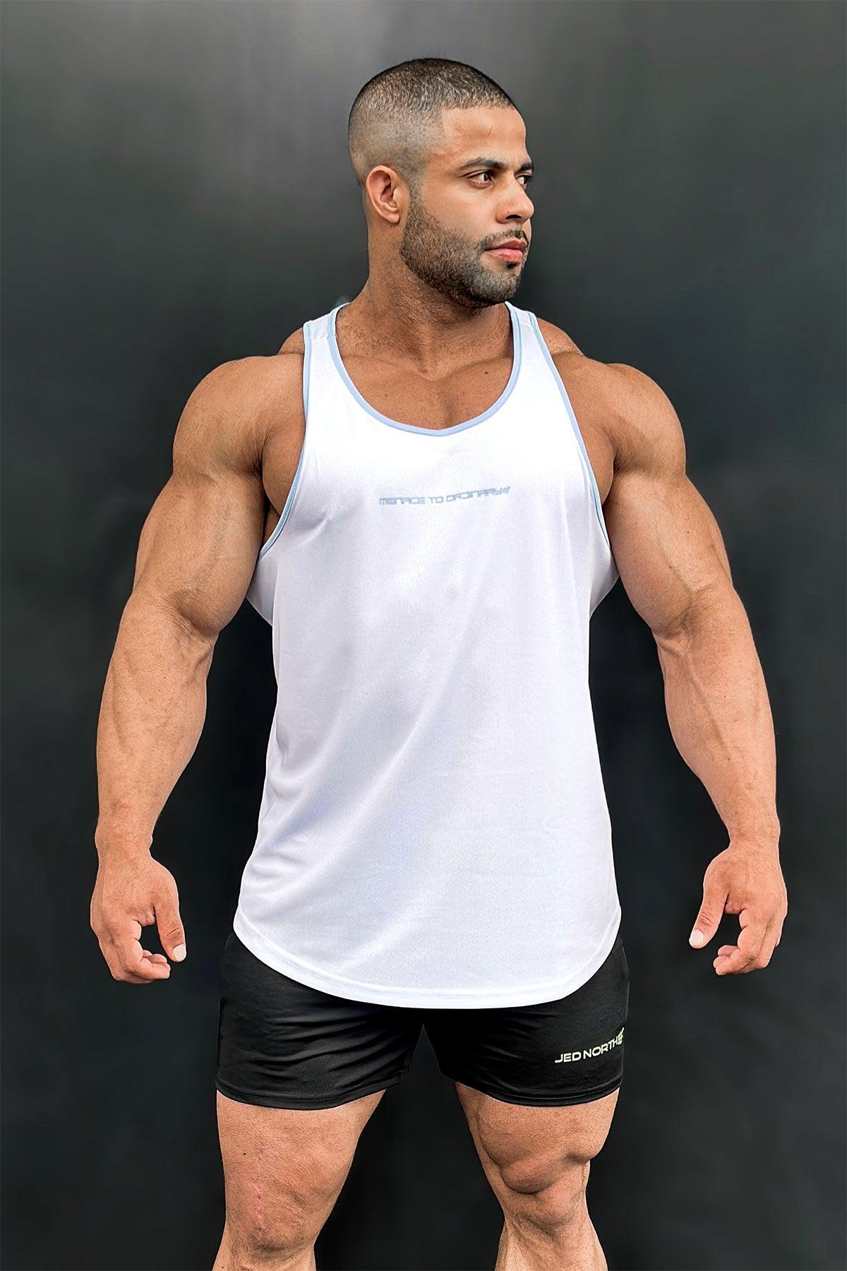 Jed North Fast-Dry Bodybuilding Workout Stringer - White with Blue - DealByEthan.gay loves Jed North