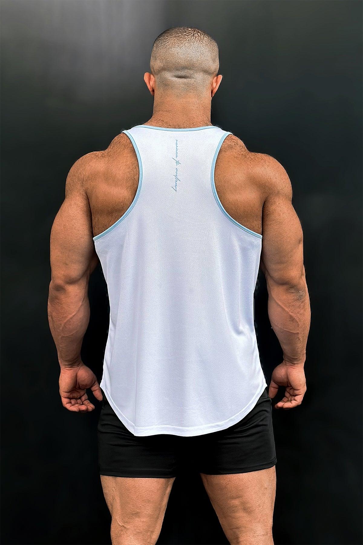 Jed North Fast-Dry Bodybuilding Workout Stringer - White with Blue - DealByEthan.gay loves Jed North