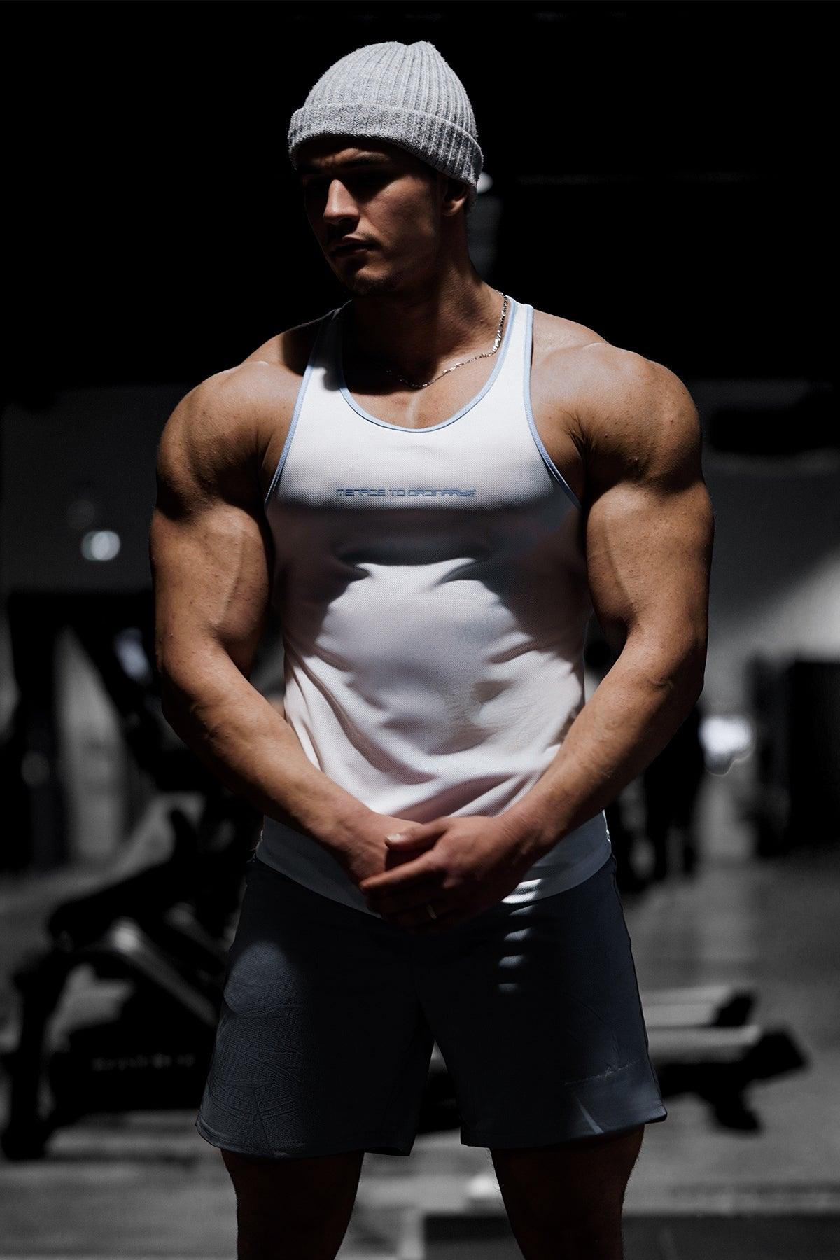 Jed North Fast-Dry Bodybuilding Workout Stringer - White with Blue - DealByEthan.gay loves Jed North