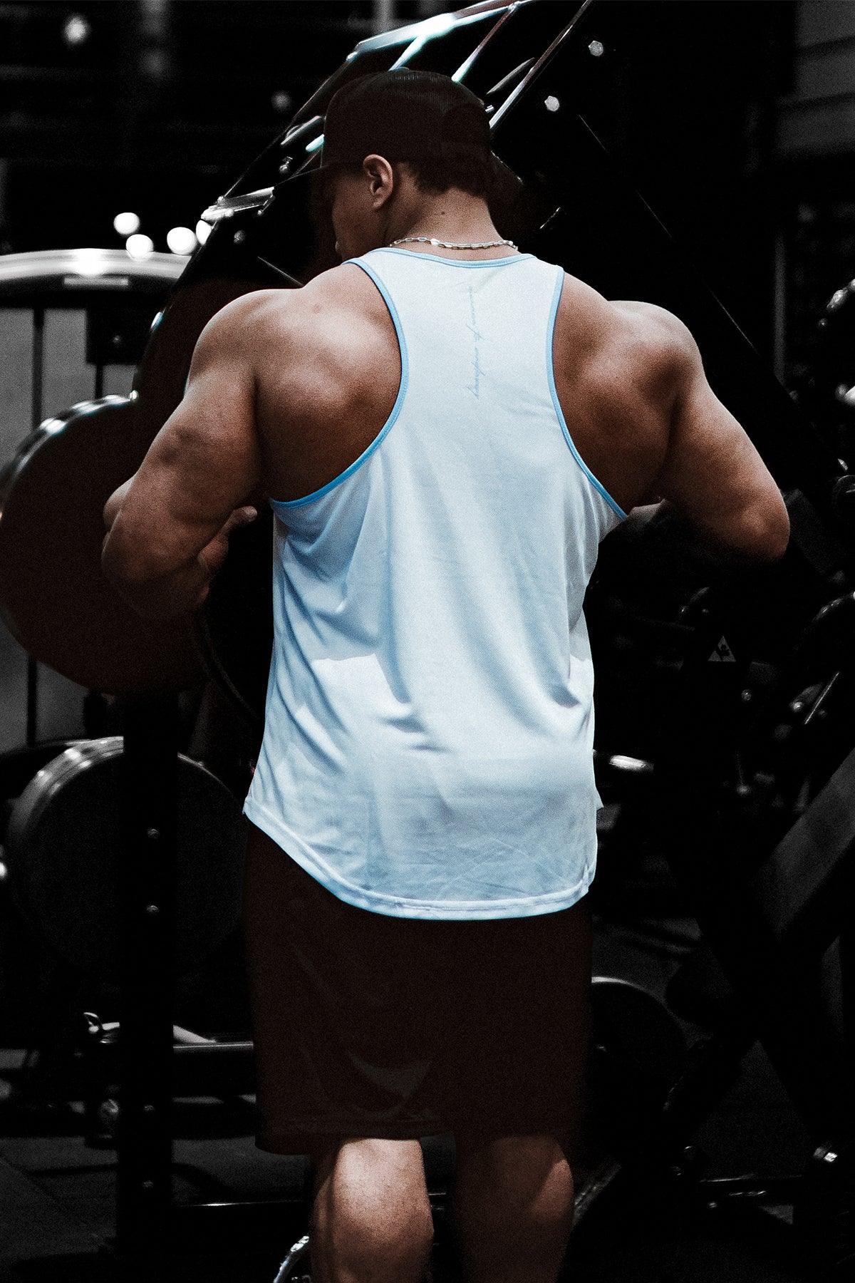 Jed North Fast-Dry Bodybuilding Workout Stringer - White with Blue - DealByEthan.gay loves Jed North
