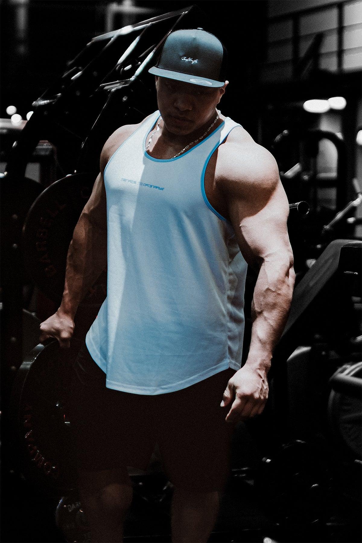 Jed North Fast-Dry Bodybuilding Workout Stringer - White with Blue - DealByEthan.gay loves Jed North
