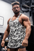 White muscle stringer tank top by jed north featuring black graffiti-style lettering on chaotic white fabric