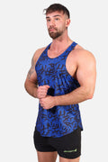Blue jed north graphic muscle stringer tank top with black abstract lettering pattern for athletic use