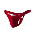 Red joe snyder polyester thong with smooth form fitting fabric and distinctive cutout design shown from the back side